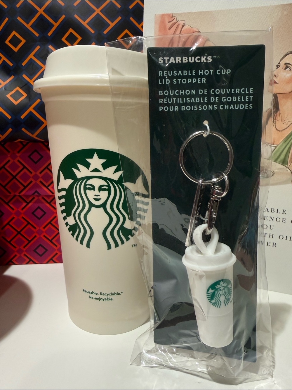 Starbucks White Reusable Tumbler with Green Siren Logo / Los Stopper KeyChain